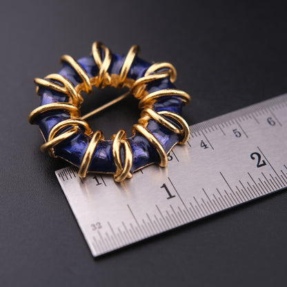 ❤️ Vintage Orena Paris Blue Enamel Wreath Brooch – Gold Tone Loop Design