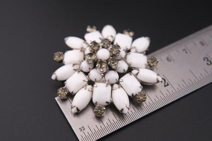 Vintage White Milk Glass & Rhinestone Brooch – Floral Snowflake Design | Mid-Century Costume Jewelry