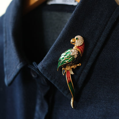 ❤️ Vintage Attwood & Sawyer Enamel Parrot Brooch Gold Tone Rhinestone Bird Pin Long Tropical Parrot Statement Brooch