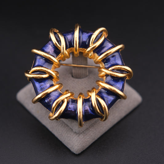 ❤️ Vintage Orena Paris Blue Enamel Wreath Brooch – Gold Tone Loop Design