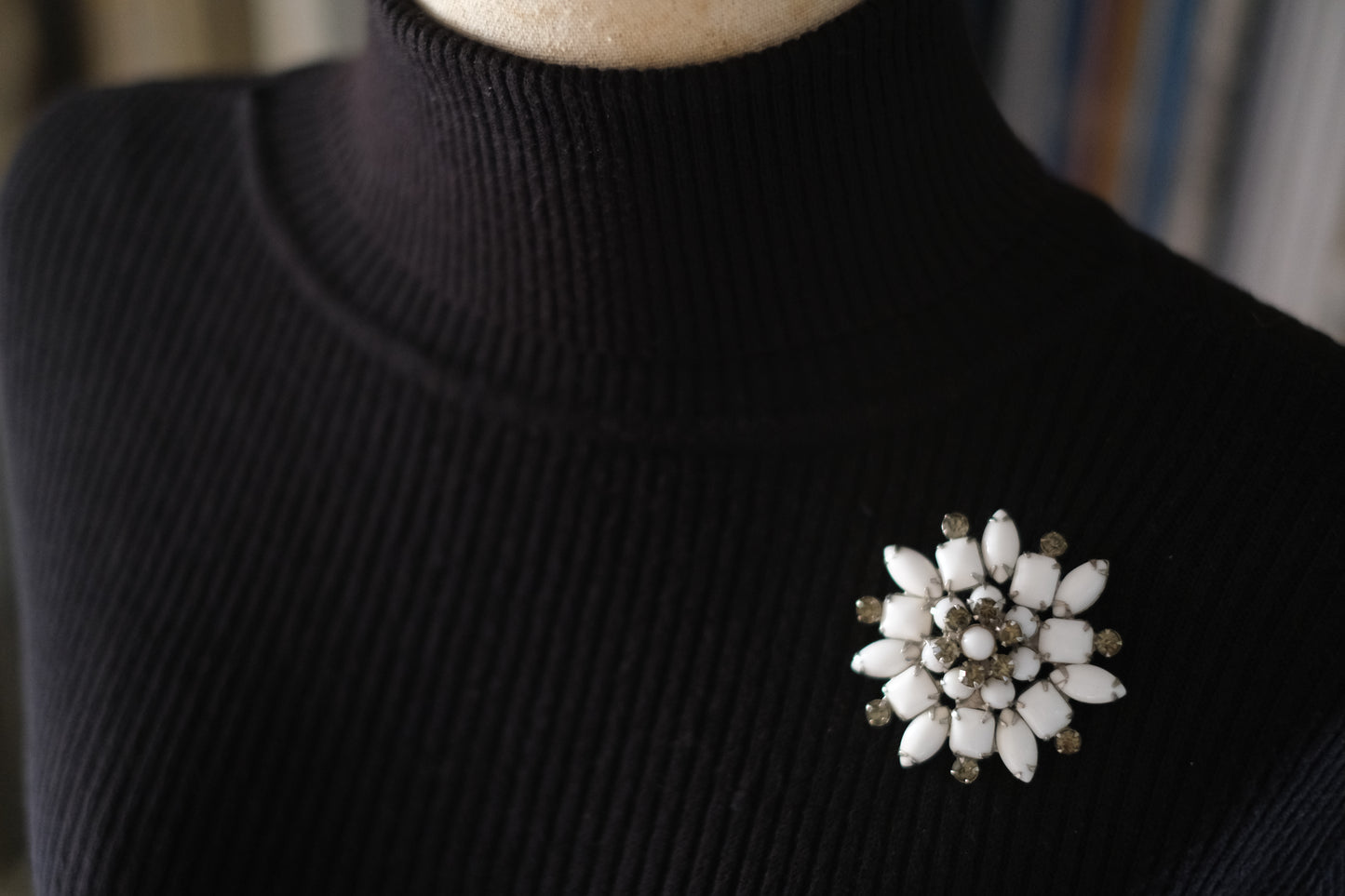 Vintage White Milk Glass & Rhinestone Brooch – Floral Snowflake Design | Mid-Century Costume Jewelry