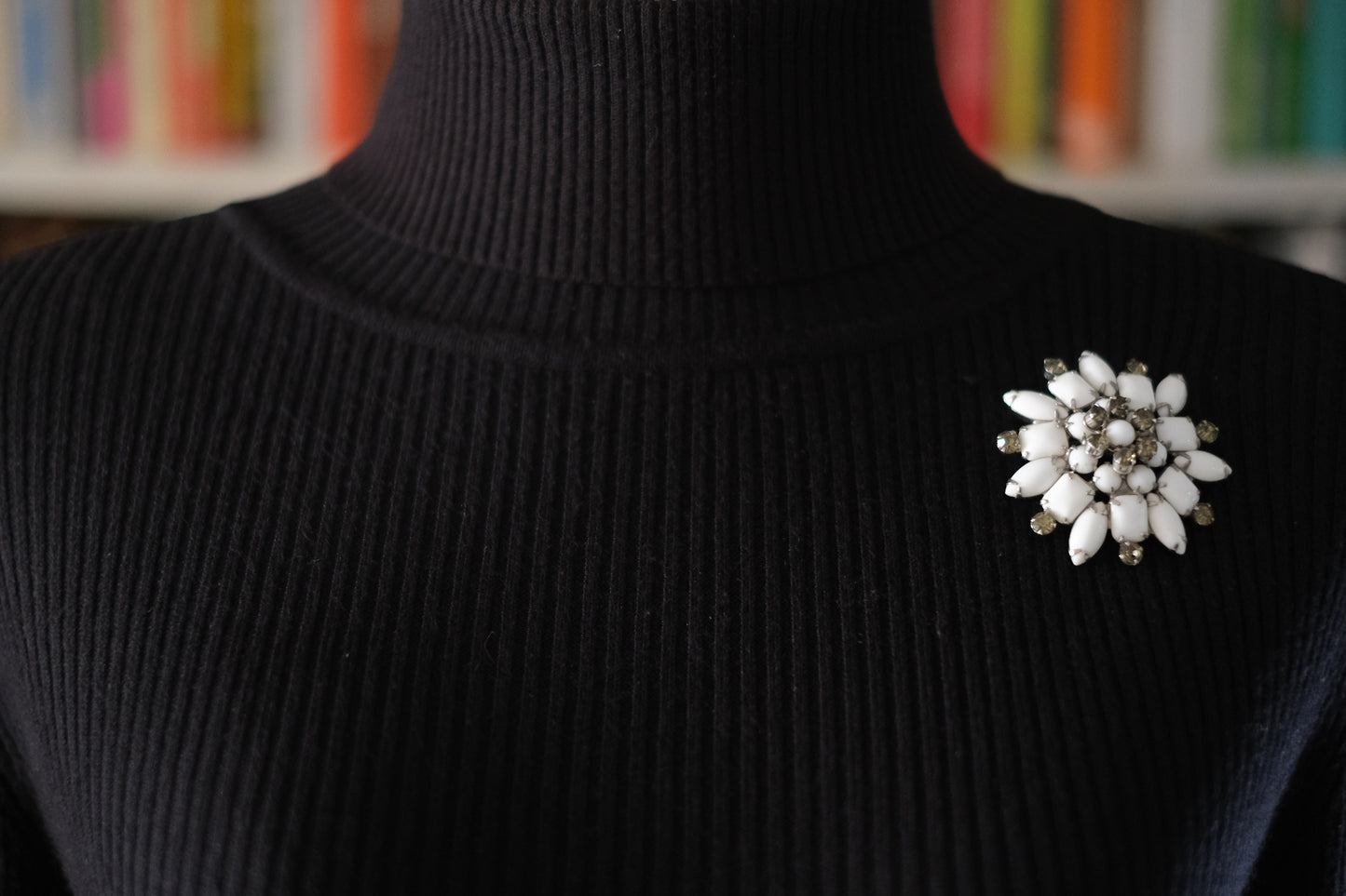 Vintage White Milk Glass & Rhinestone Brooch – Floral Snowflake Design | Mid-Century Costume Jewelry