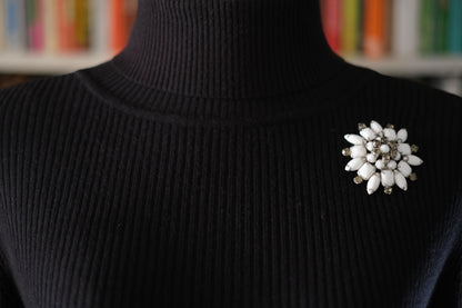 Vintage White Milk Glass & Rhinestone Brooch – Floral Snowflake Design | Mid-Century Costume Jewelry