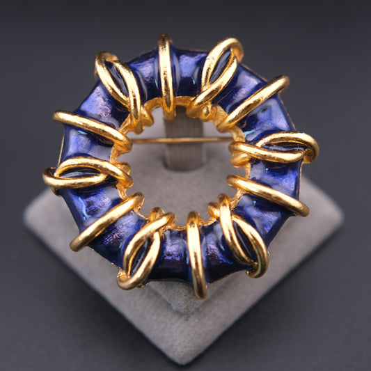 ❤️ Vintage Orena Paris Blue Enamel Wreath Brooch – Gold Tone Loop Design