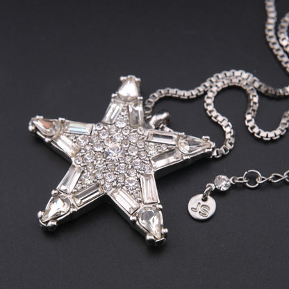 ❤️ Jill Stuart Five-Point Star Crystal Pendant Necklace Silver Tone