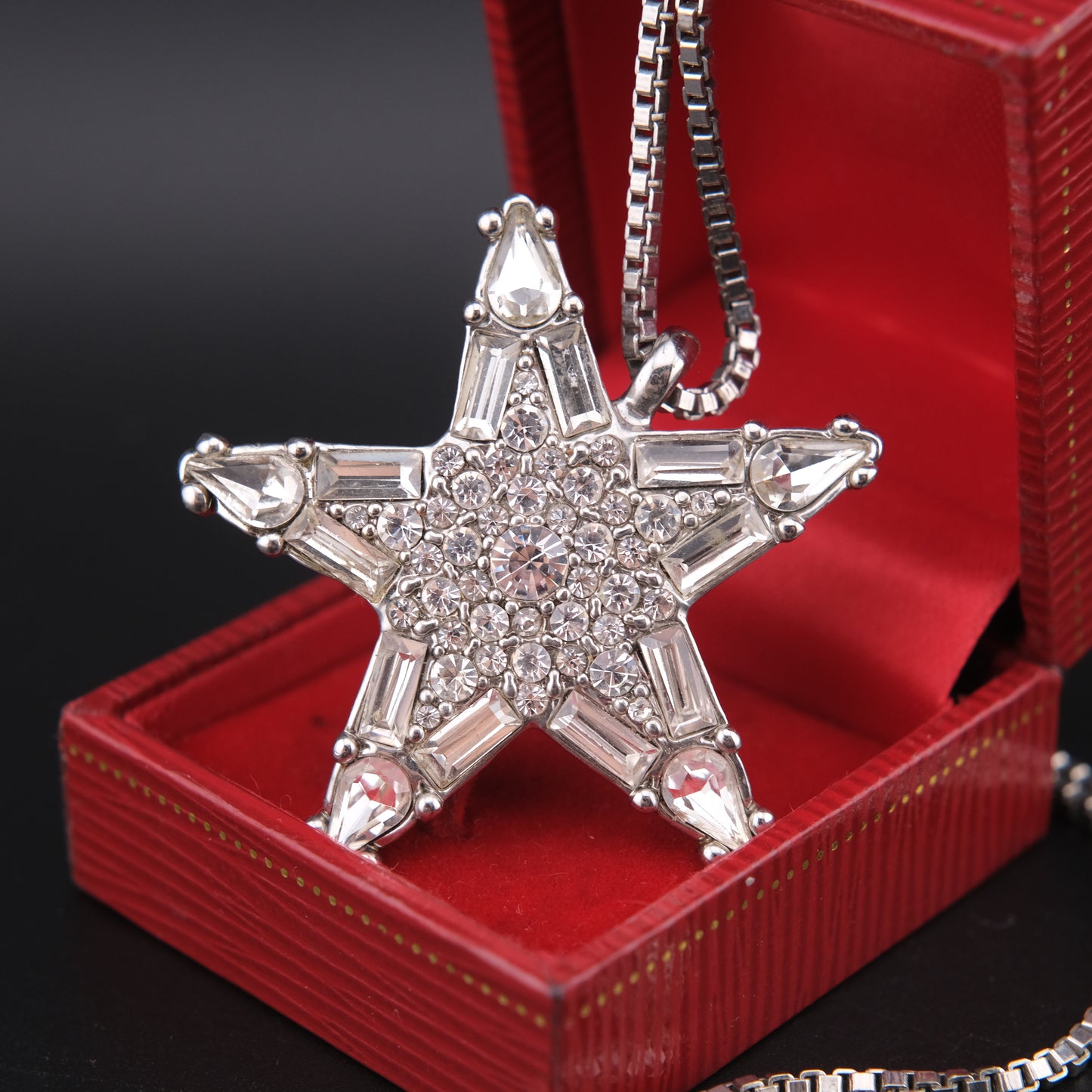 ❤️ Jill Stuart Five-Point Star Crystal Pendant Necklace Silver Tone