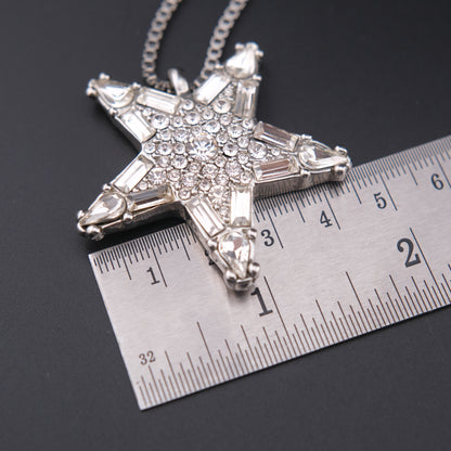 ❤️ Jill Stuart Five-Point Star Crystal Pendant Necklace Silver Tone
