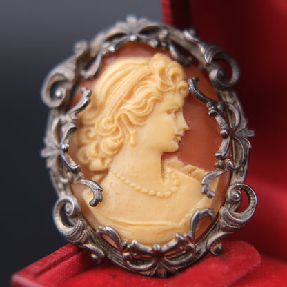 Vintage Hand-Carved Cameo Brooch & Pendant in Ornate Silver-Tone Frame – Signed & Engraved