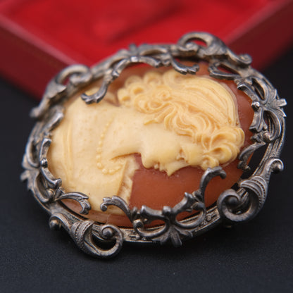 Vintage Hand-Carved Cameo Brooch & Pendant in Ornate Silver-Tone Frame – Signed & Engraved