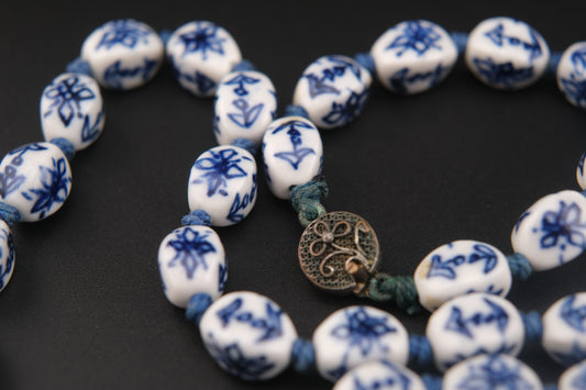 Chinese Blue & White Porcelain Bead Necklace – 24" Long