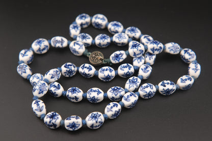 Chinese Blue & White Porcelain Bead Necklace – 24" Long