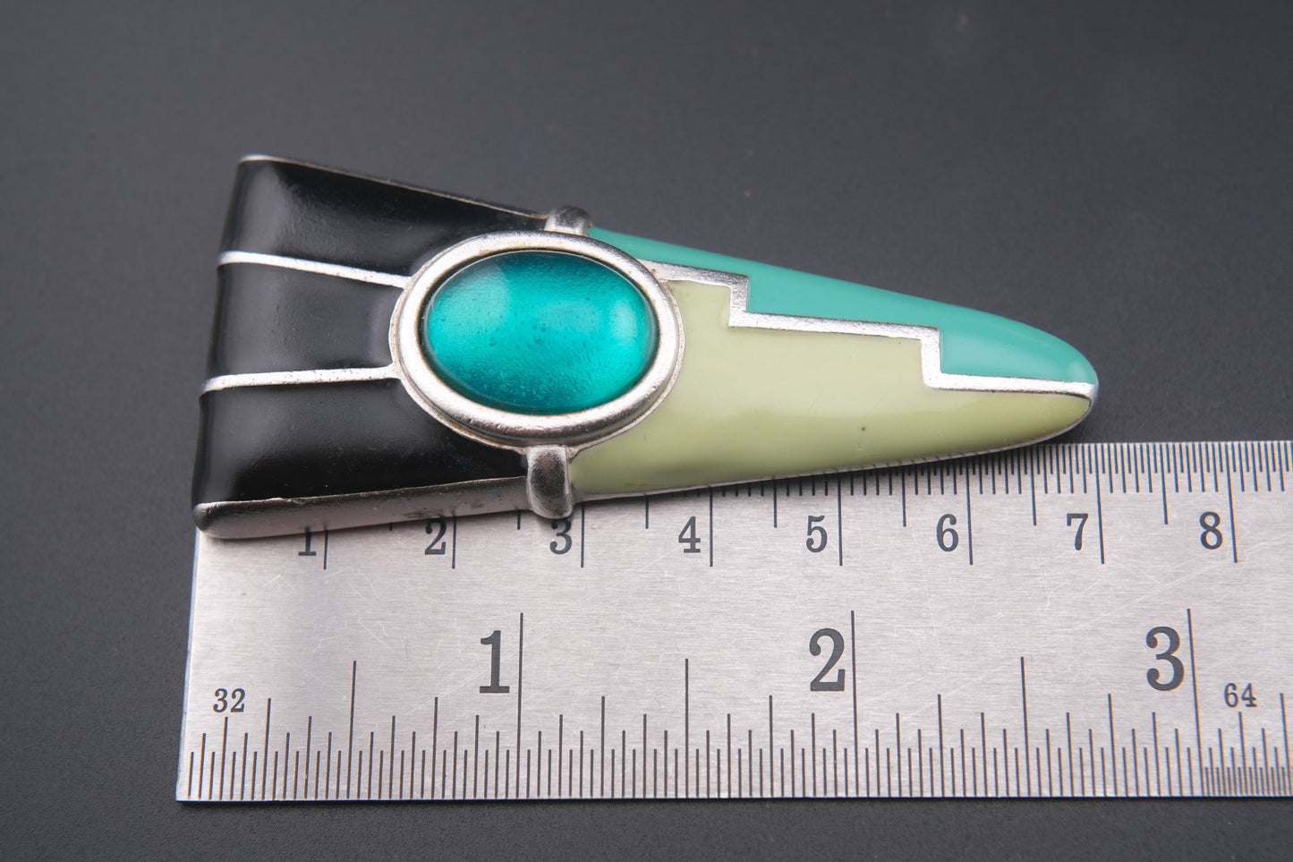 ❤️ Vintage Monet Geometric Statement Brooch – Black & Green Enamel, 2.75"