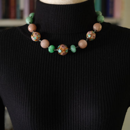 Vintage Sterling Silver Beaded Necklace with Murano Glass, Aventurine & Peach Quartz