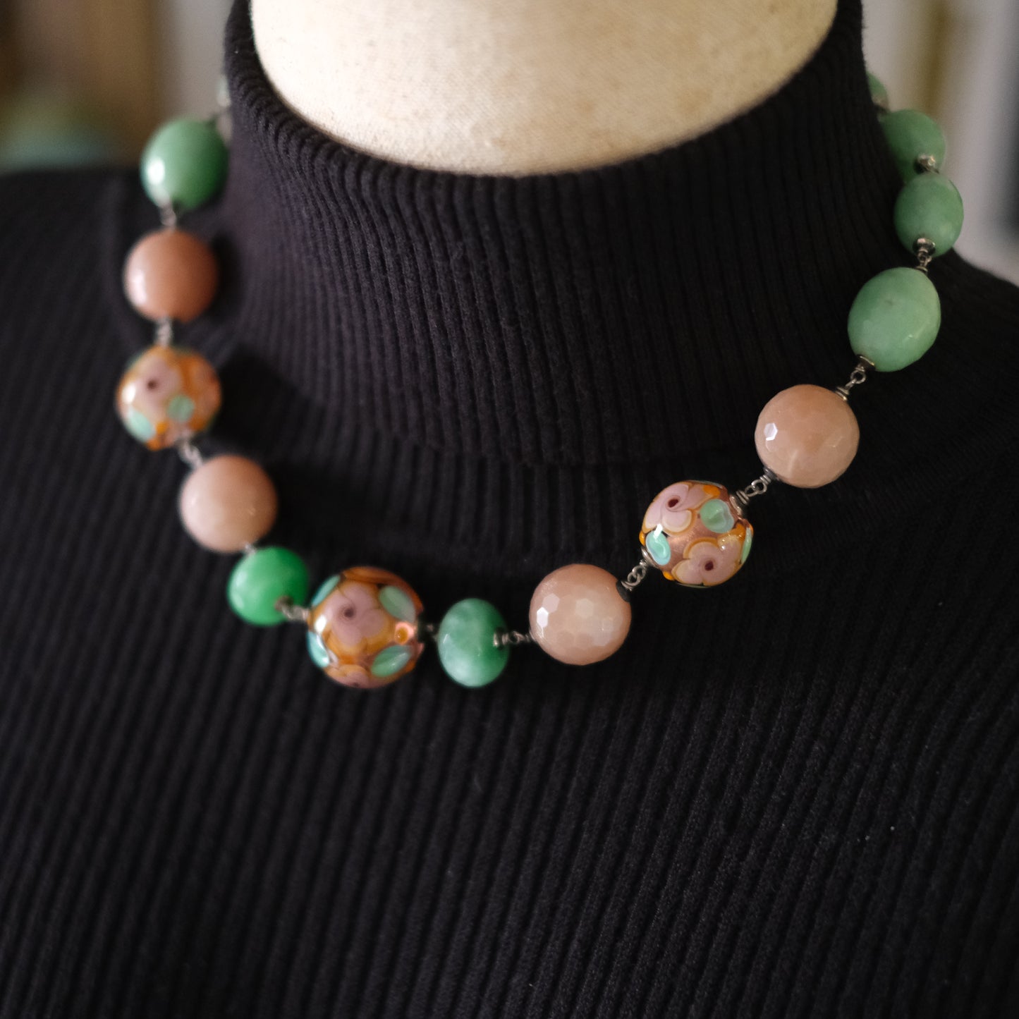 Vintage Sterling Silver Beaded Necklace with Murano Glass, Aventurine & Peach Quartz