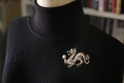 Franklin Mint Sterling Silver Dragon Brooch – Crystal Pavé with Pearl & Red Gem Eye