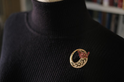 Vintage Attwood & Sawyer Ruby & Crystal Floral Brooch – Gold-Tone Circular Design