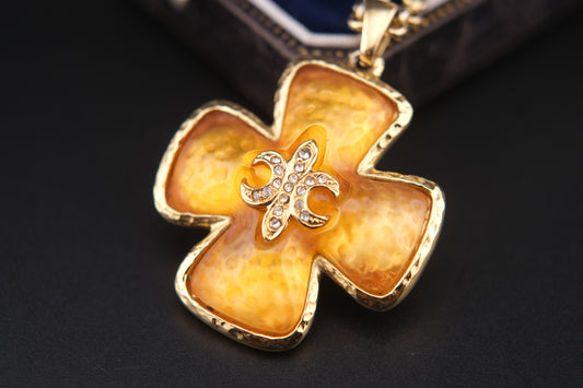 Vintage Leilian Textured Resin Cross Pendant Necklace with Fleur-de-Lis Rhinestone Detail