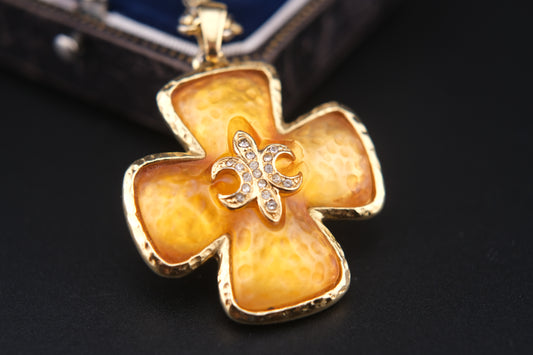 Vintage Leilian Textured Resin Cross Pendant Necklace with Fleur-de-Lis Rhinestone Detail