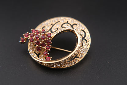 Vintage Attwood & Sawyer Ruby & Crystal Floral Brooch – Gold-Tone Circular Design