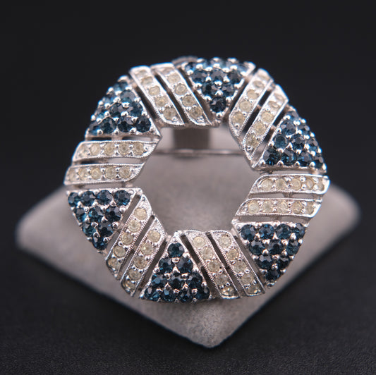 Panetta Blue &amp; Clear Rhinestone Circle Brooch – Vintage Silver-Tone Geometric Wreath Pin