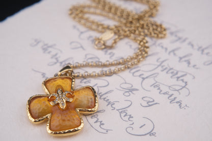 Vintage Leilian Textured Resin Cross Pendant Necklace with Fleur-de-Lis Rhinestone Detail