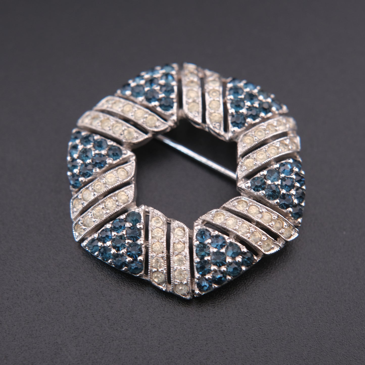 Panetta Blue &amp; Clear Rhinestone Circle Brooch – Vintage Silver-Tone Geometric Wreath Pin