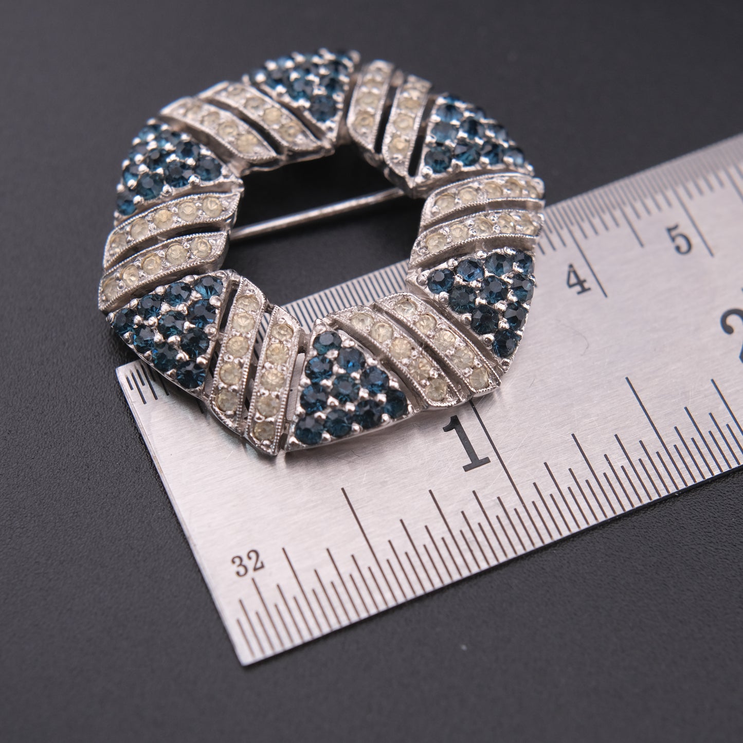 Panetta Blue &amp; Clear Rhinestone Circle Brooch – Vintage Silver-Tone Geometric Wreath Pin