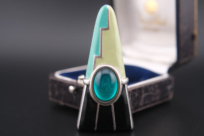 ❤️ Vintage Monet Geometric Statement Brooch – Black & Green Enamel, 2.75"