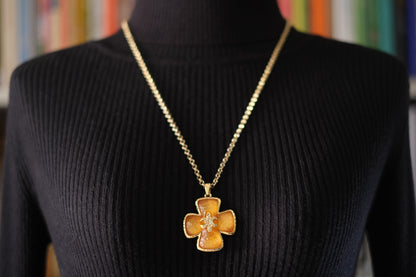 Vintage Leilian Textured Resin Cross Pendant Necklace with Fleur-de-Lis Rhinestone Detail