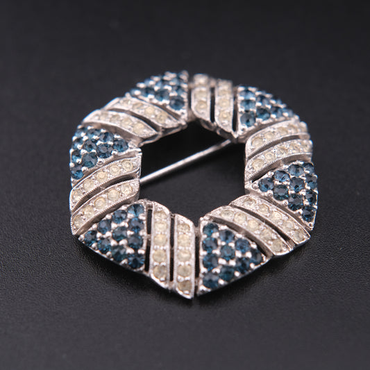 Panetta Blue &amp; Clear Rhinestone Circle Brooch – Vintage Silver-Tone Geometric Wreath Pin