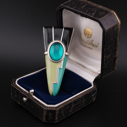 ❤️ Vintage Monet Geometric Statement Brooch – Black & Green Enamel, 2.75"