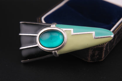 ❤️ Vintage Monet Geometric Statement Brooch – Black & Green Enamel, 2.75"
