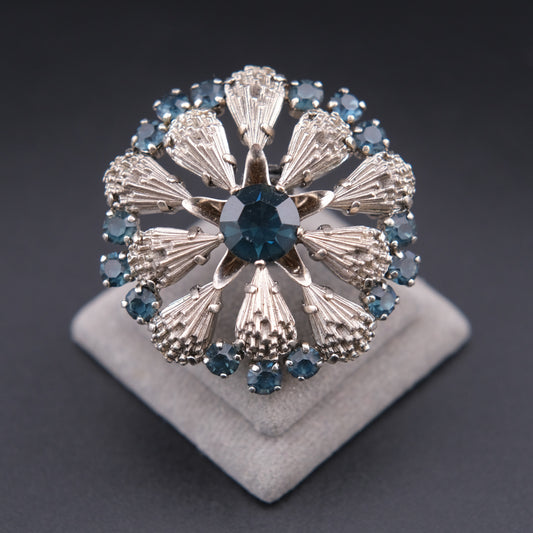 ❤️ Vintage Blue Rhinestone Silver-Tone Circular Floral Burst Brooch