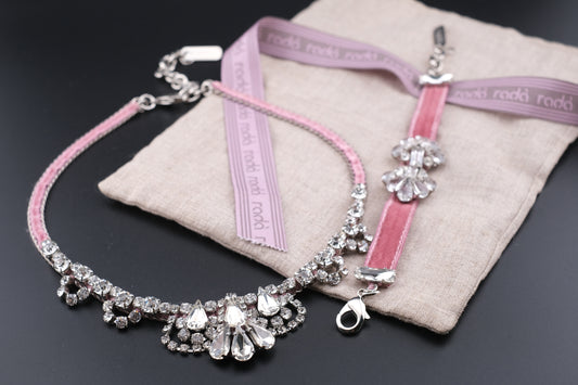 Rada Pink Velvet & Crystal Jewelry Set – Necklace and Bracelet