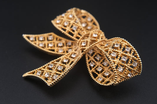 Vintage Kenneth Jay Lane Filigree Bow Brooch – Gold-Tone with Crystal Rhinestones