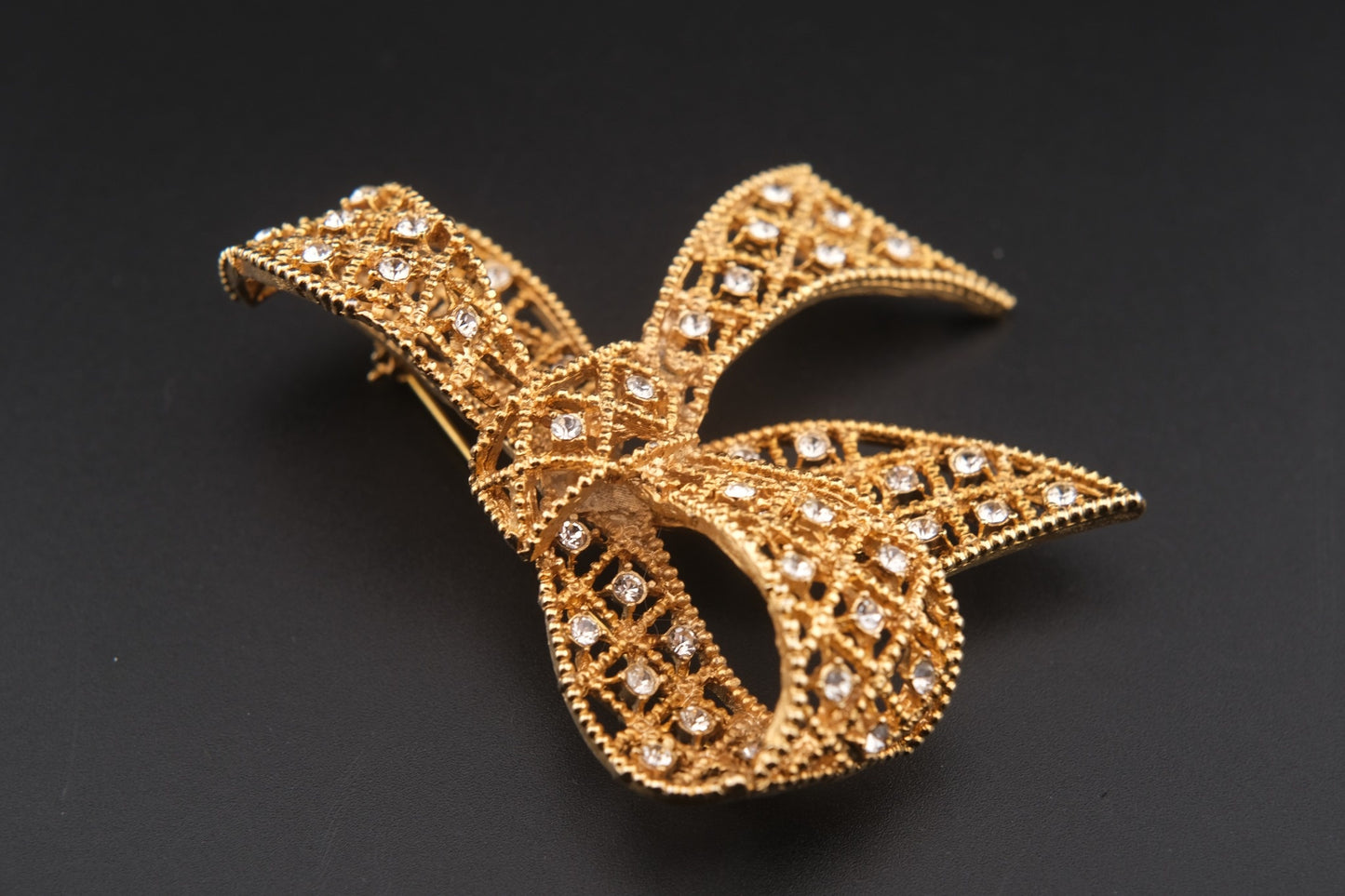 Vintage Kenneth Jay Lane Filigree Bow Brooch – Gold-Tone with Crystal Rhinestones