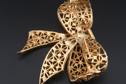 Vintage Kenneth Jay Lane Filigree Bow Brooch – Gold-Tone with Crystal Rhinestones
