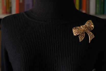Vintage Kenneth Jay Lane Filigree Bow Brooch – Gold-Tone with Crystal Rhinestones