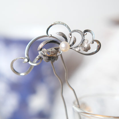 Vintage-Inspired Floral Hair Pin with Real Pearl – Dual Design Convertible Hinged Stem, Silver-Tone, 3.6"