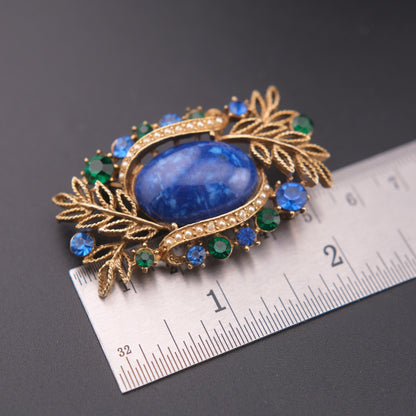 ❤️ Vintage Abstract Blue Cabochon Brooch – Gold Tone with Rhinestones & Faux Pearl Accent