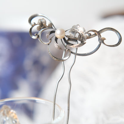 Vintage-Inspired Floral Hair Pin with Real Pearl – Dual Design Convertible Hinged Stem, Silver-Tone, 3.6"