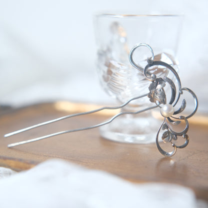 Vintage-Inspired Floral Hair Pin with Real Pearl – Dual Design Convertible Hinged Stem, Silver-Tone, 3.6"