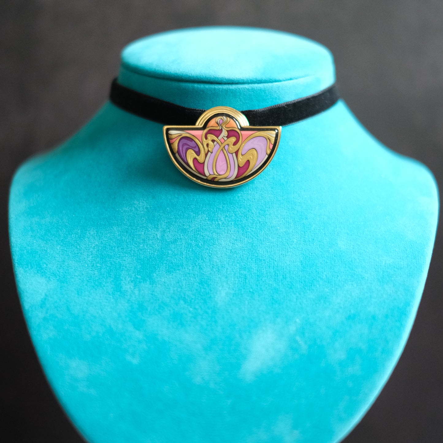 ❤️ Michael Frey Wille Half Moon Enamel Pendant – Hommage à Alphonse Mucha “Sarah Bernhardt Burgundy”, 24K Gold Plated Vienna Austria