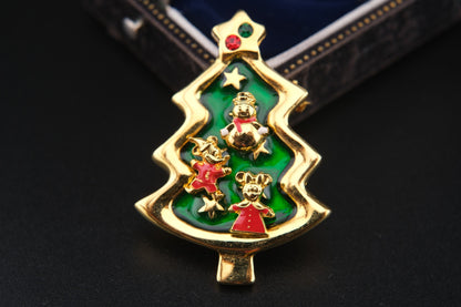 Vintage Tokyo Disneyland Christmas Tree Brooch with Mickey, Minnie & Snowman Earrings – Convertible Pendant – Rare Collectible Set