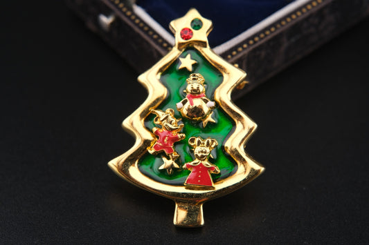 Vintage Tokyo Disneyland Christmas Tree Brooch with Mickey, Minnie & Snowman Earrings – Convertible Pendant – Rare Collectible Set