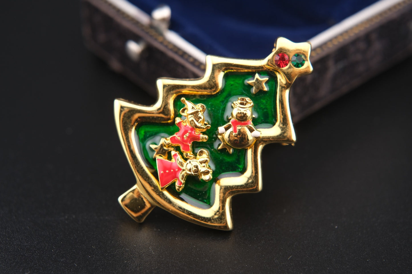 Vintage Tokyo Disneyland Christmas Tree Brooch with Mickey, Minnie & Snowman Earrings – Convertible Pendant – Rare Collectible Set