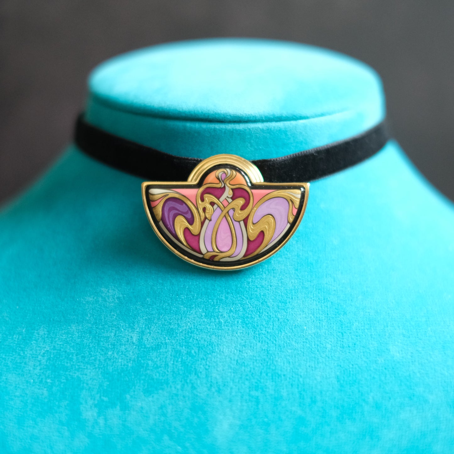 ❤️ Michael Frey Wille Half Moon Enamel Pendant – Hommage à Alphonse Mucha “Sarah Bernhardt Burgundy”, 24K Gold Plated Vienna Austria