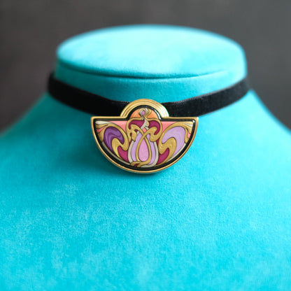 ❤️ Michael Frey Wille Half Moon Enamel Pendant – Hommage à Alphonse Mucha “Sarah Bernhardt Burgundy”, 24K Gold Plated Vienna Austria