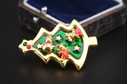 Vintage Tokyo Disneyland Christmas Tree Brooch with Mickey, Minnie & Snowman Earrings – Convertible Pendant – Rare Collectible Set