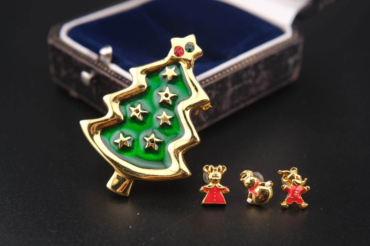 Vintage Tokyo Disneyland Christmas Tree Brooch with Mickey, Minnie & Snowman Earrings – Convertible Pendant – Rare Collectible Set